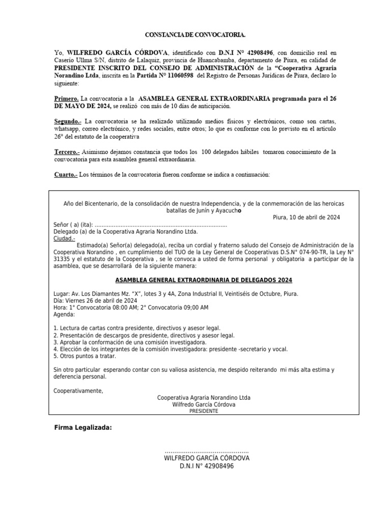 Constancia de Convocatoria de Asamblea General Extraordinaria | PDF ...