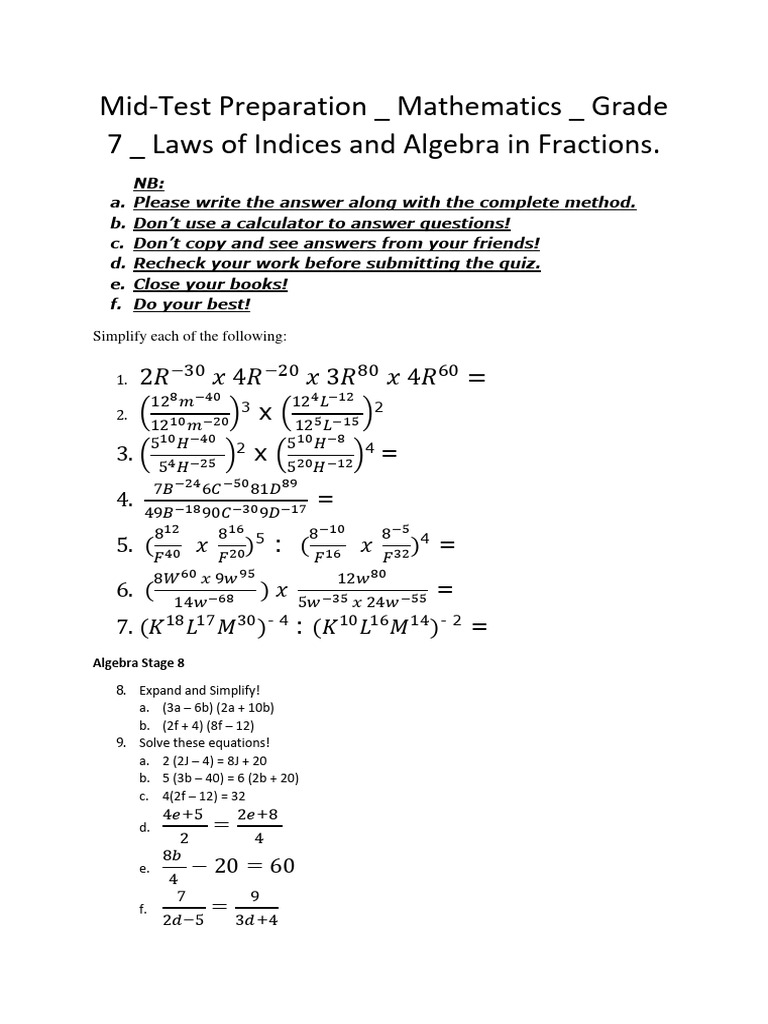 Mid Test Preparation - 2023 and 2024 - Algebra Stage 8 | PDF | Algebra ...