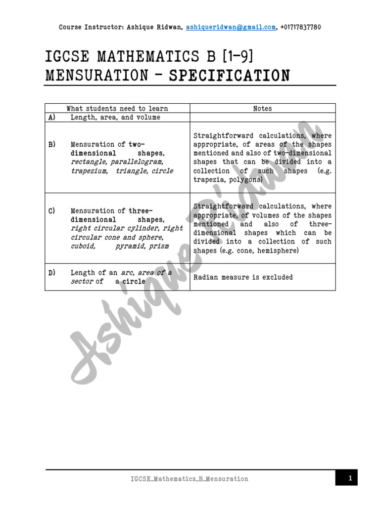 Igcse mathematics b 1to9 mensuration combined pdf area triangle