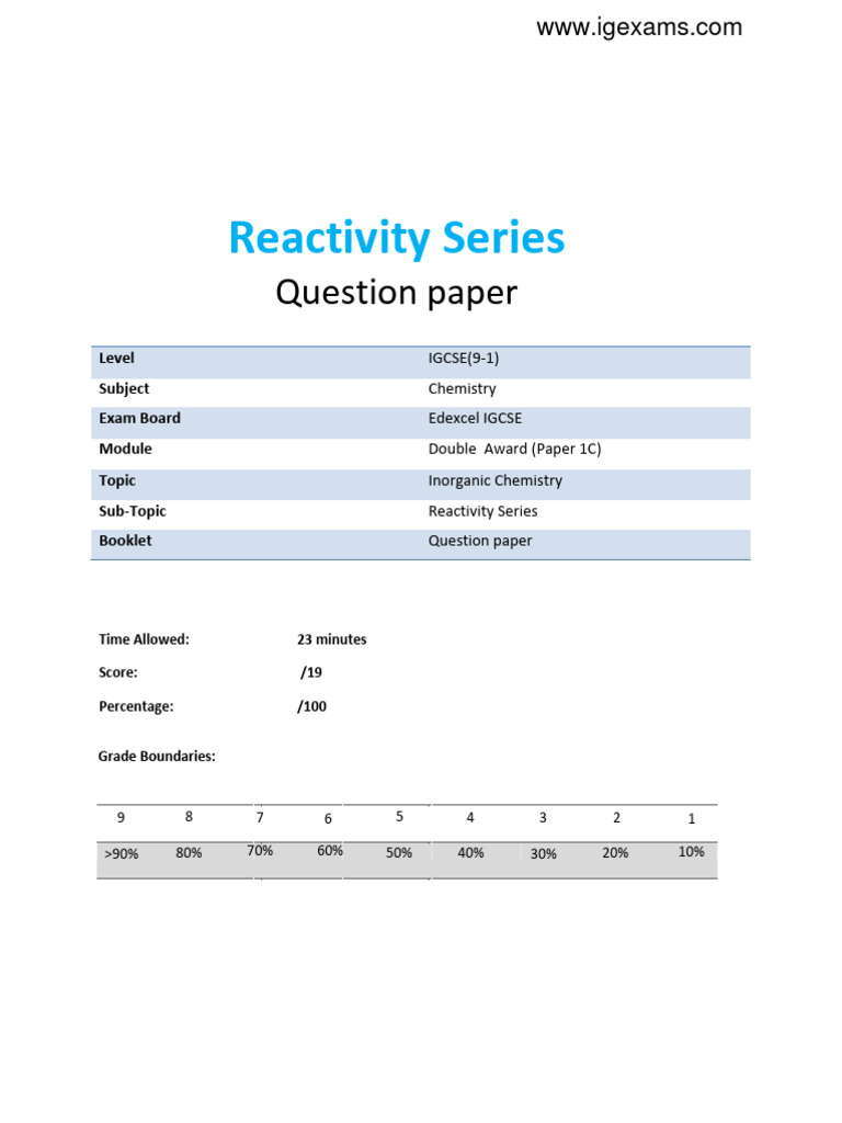 13.1 Reactivity Series (1C) QP | PDF | Metallic Elements | Materials