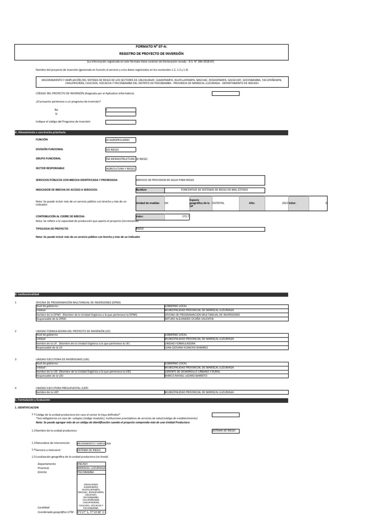 Formato N°07-A-Registro Del Proyecto de Inversión | PDF | Hormigón | Riego