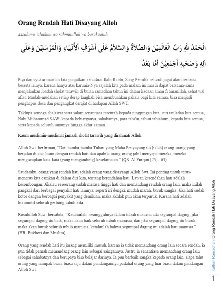 Orang Rendah Hati Disayang Alloh | PDF
