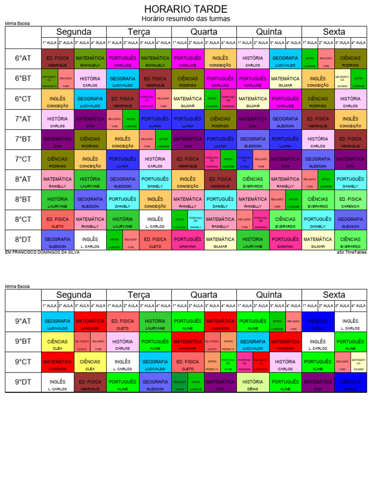Horario Completo Tarde Colorido | PDF