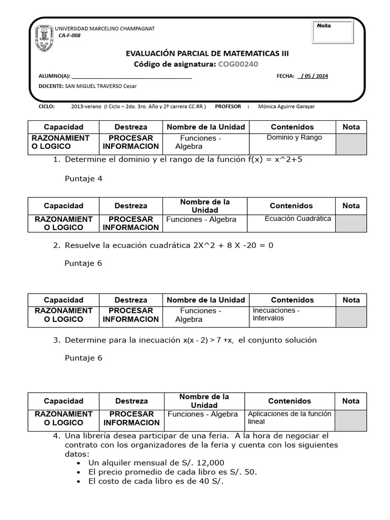 Examen Parcial de Matematicas III Alumnos Que Trabajan | PDF | Álgebra ...