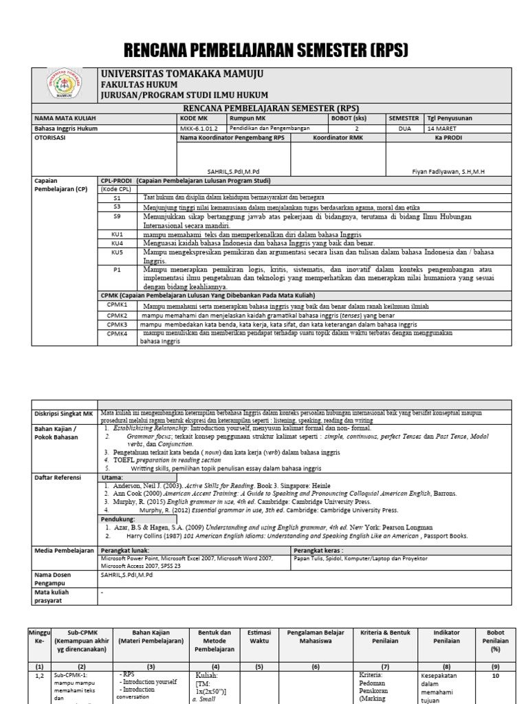 RPS Bahasa Inggris Hukum | PDF | Seni & Disiplin Bahasa