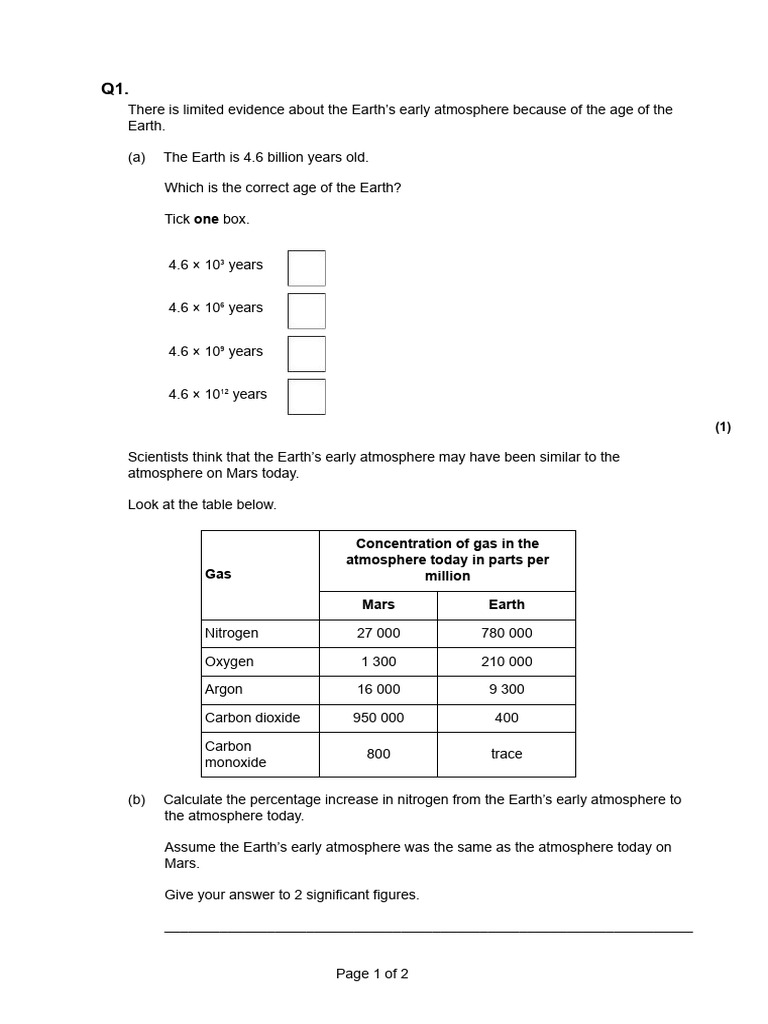 Earths Early Atmosphere EXAM QUESTIONS | PDF | Atmosphere | Earth