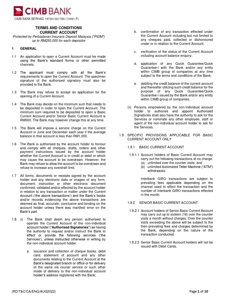 CIMB Current Account Terms & Conditions | PDF | Transaction Account ...
