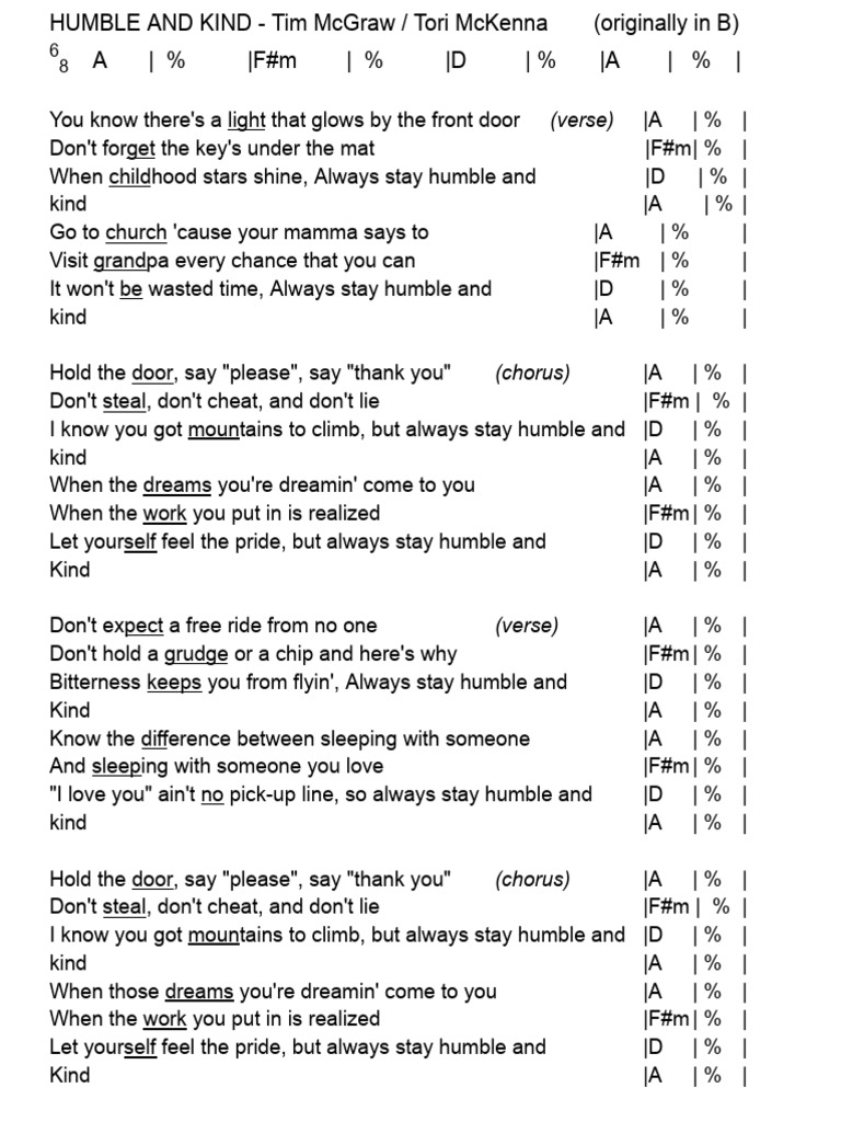 HUMBLE AND KIND Chords and Lyrics PDF Singles Song Recordings