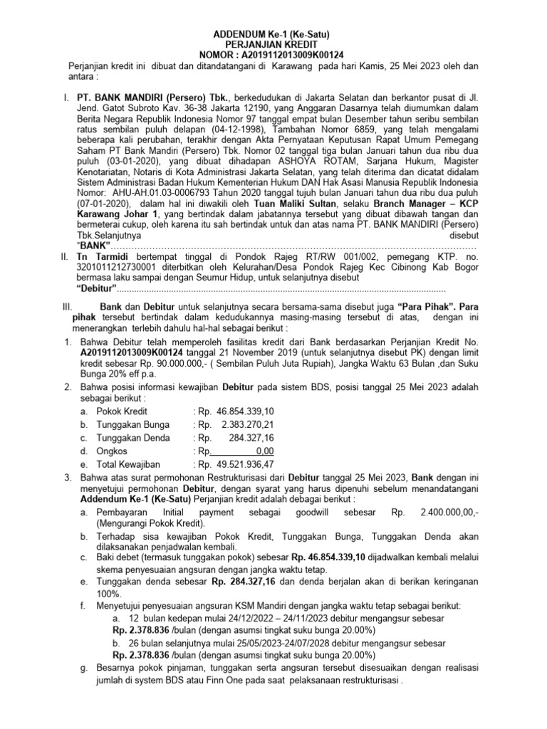 Addendum Perjanjian Kredit Bank Mandiri | PDF | Pengelolaan Keuangan ...