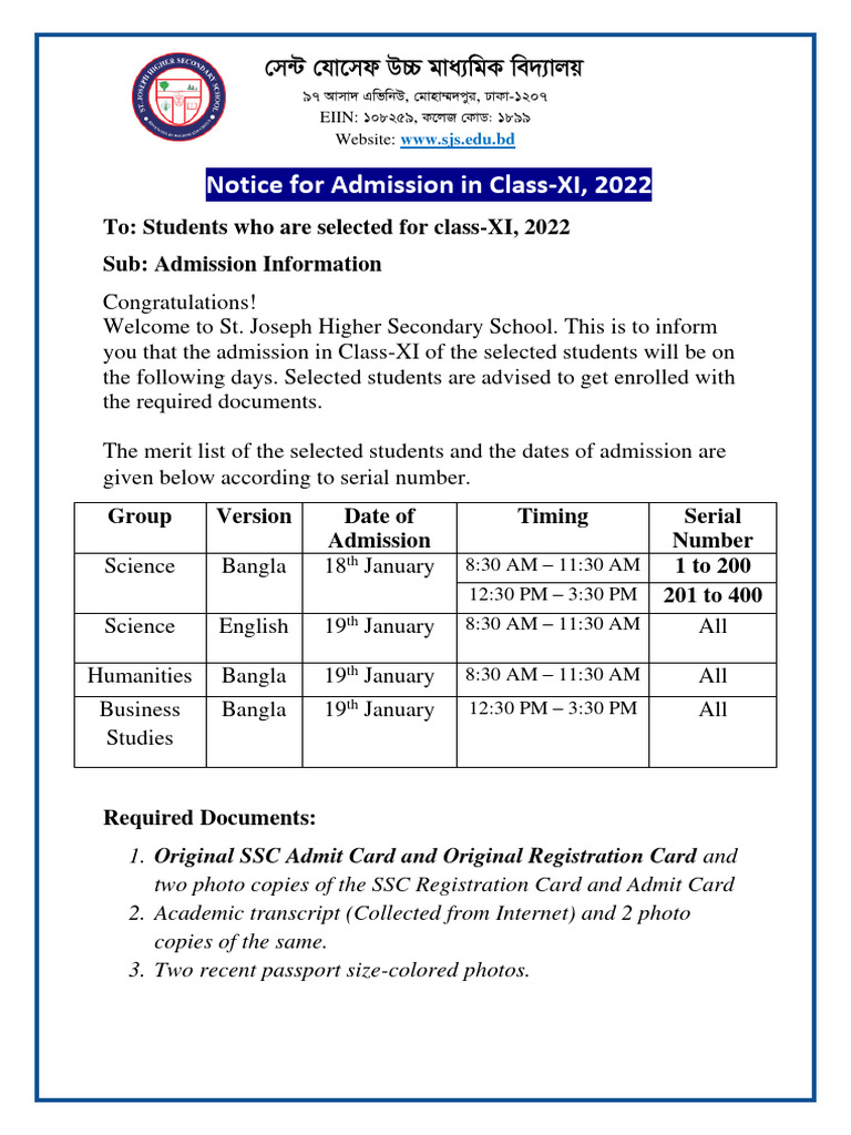 Class XI Admission Notice 2022 | PDF | Government And Personhood