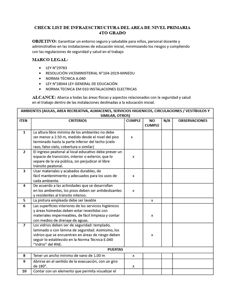 Check List de Infraesctructura Del Area de Nivel Inicial | PDF ...