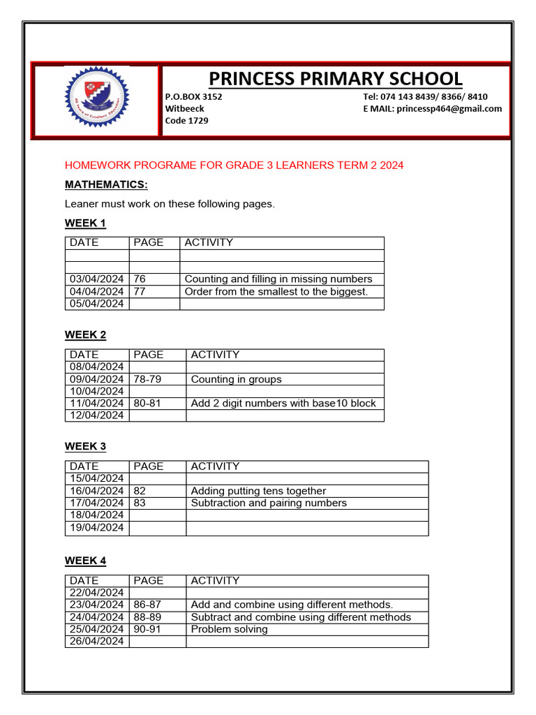 Grade 3 Term 2 Homework Plan | PDF | Subtraction | Elementary Mathematics