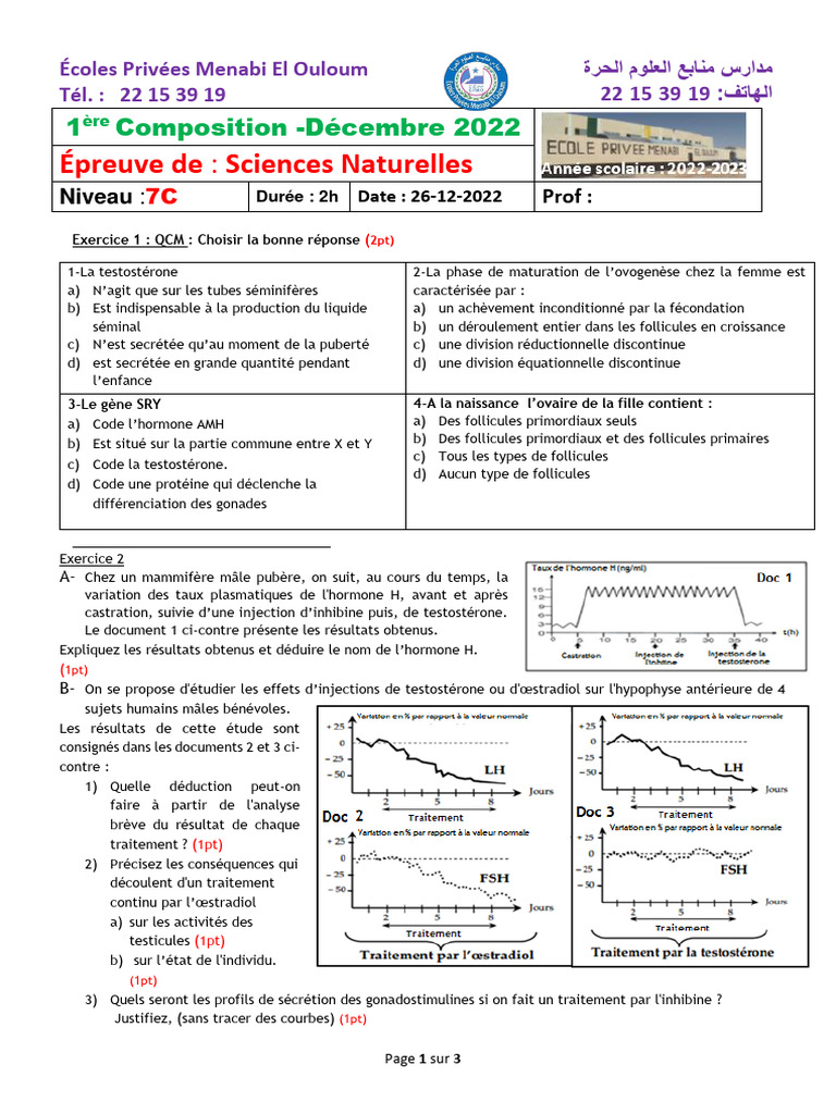 Épreuve de Sciences Naturelles 7C - Déc 2022 | PDF | Testostérone | Ovaire