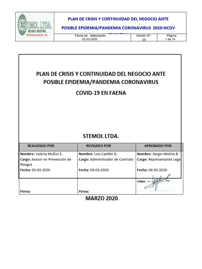 Plan de Crisis y Continuidad Del Negocio Ante Posible Epidemia | PDF ...