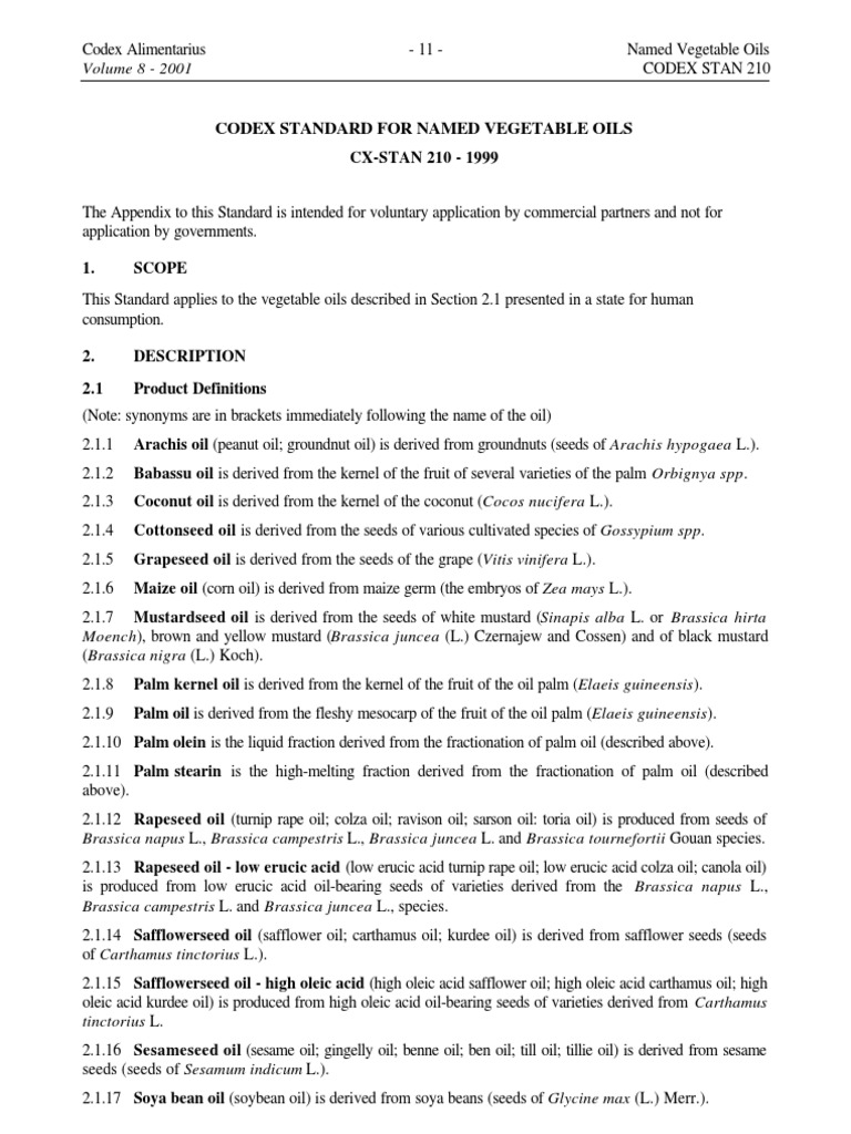 Codex Standard Named Vegetable Oils | PDF | Vegetable Oil | Food ...