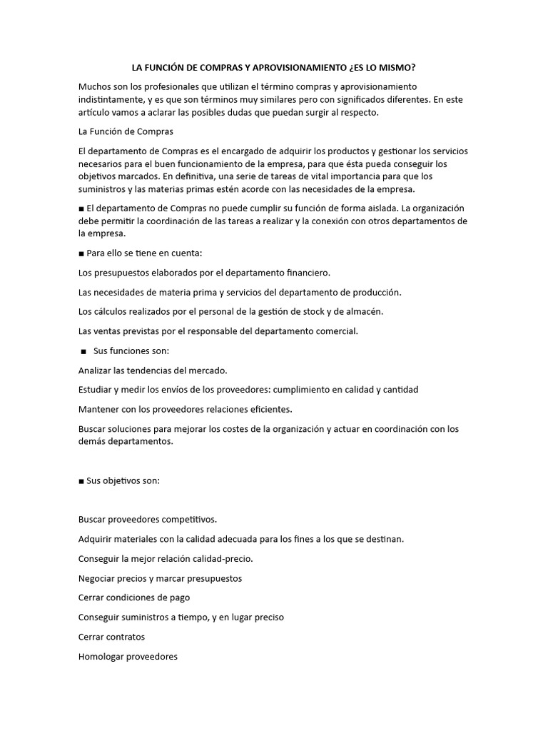CONTROL DE LECTURA 2 .La Función de Compras y Aprovisionamiento | PDF ...