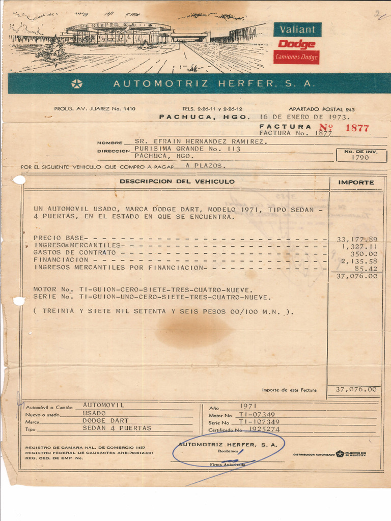 Factura Dodge 1975 | PDF