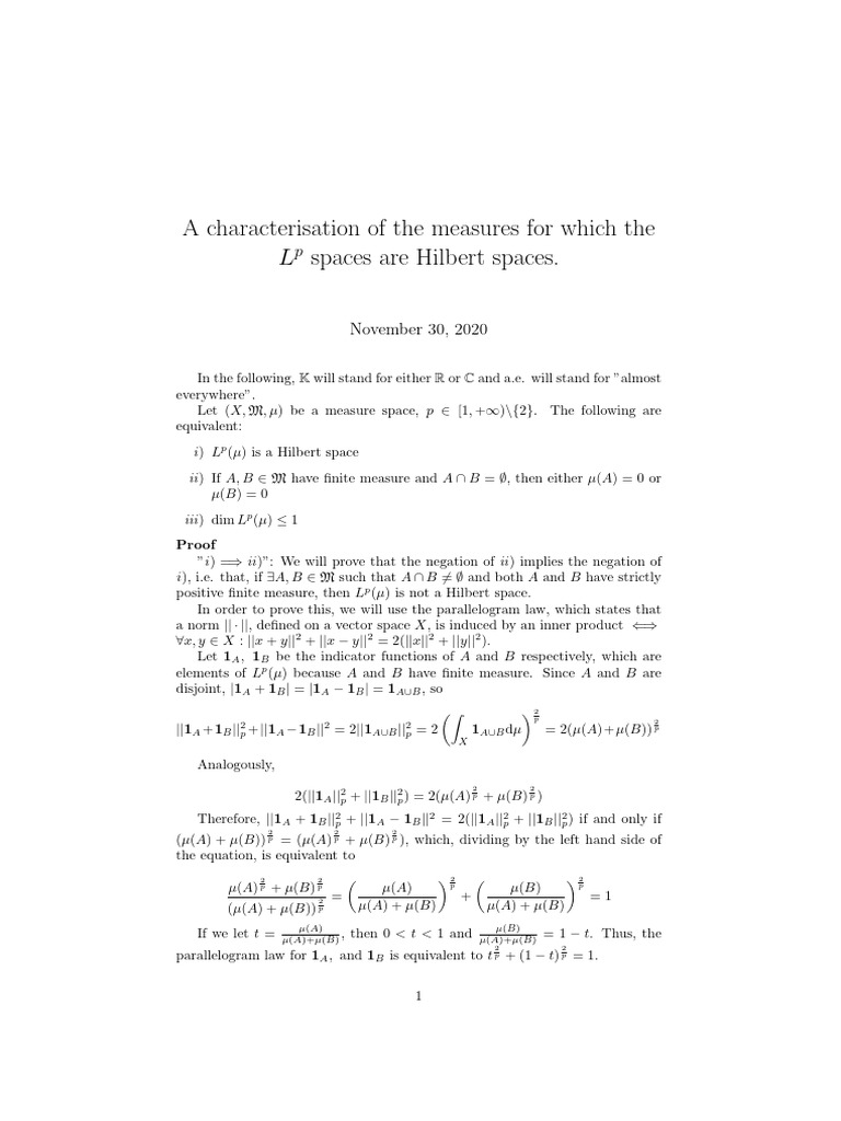 A Characterisation of The Measures For Which The LP Spaces Are Hilbert ...