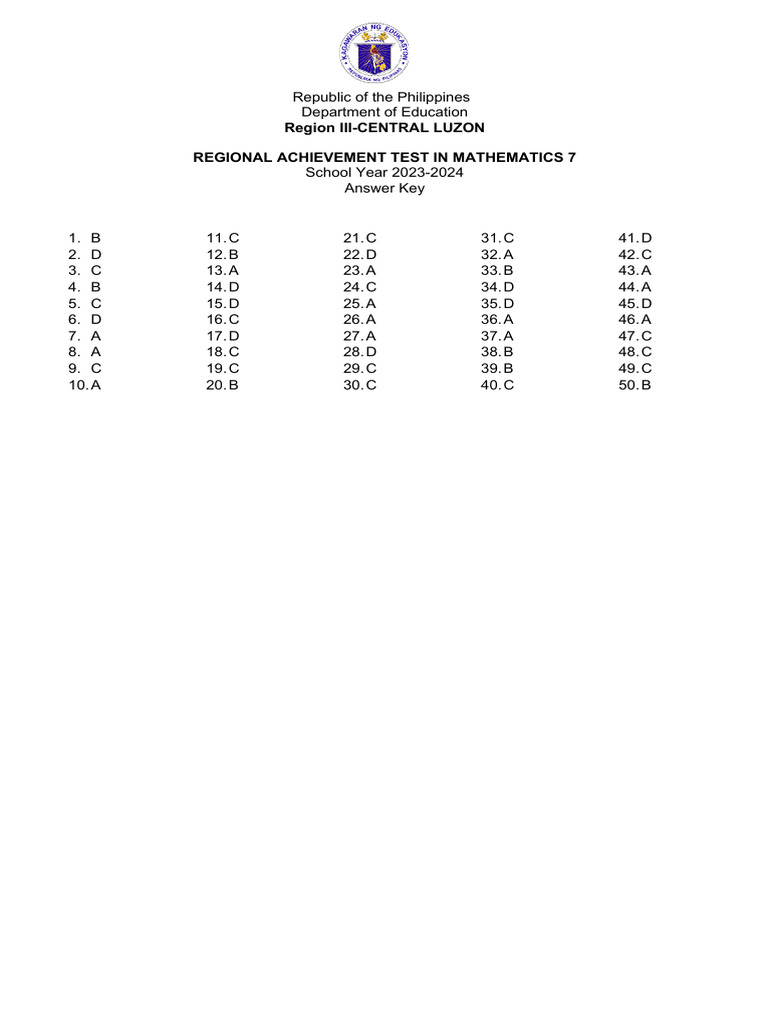 Grade 7 Math Achievement Test Answer Key | PDF | Geometry ...