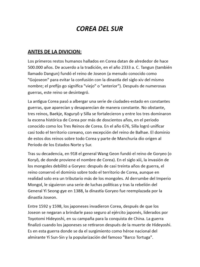 Historia de Corea del Sur: Desde sus Orígenes | PDF | Corea del Sur ...