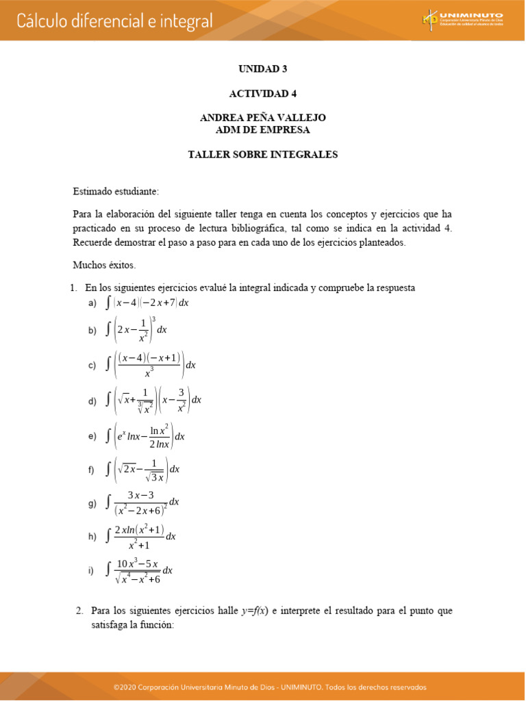 Taller Integral y Problemas Aplicados | PDF | Métodos y materiales de ...