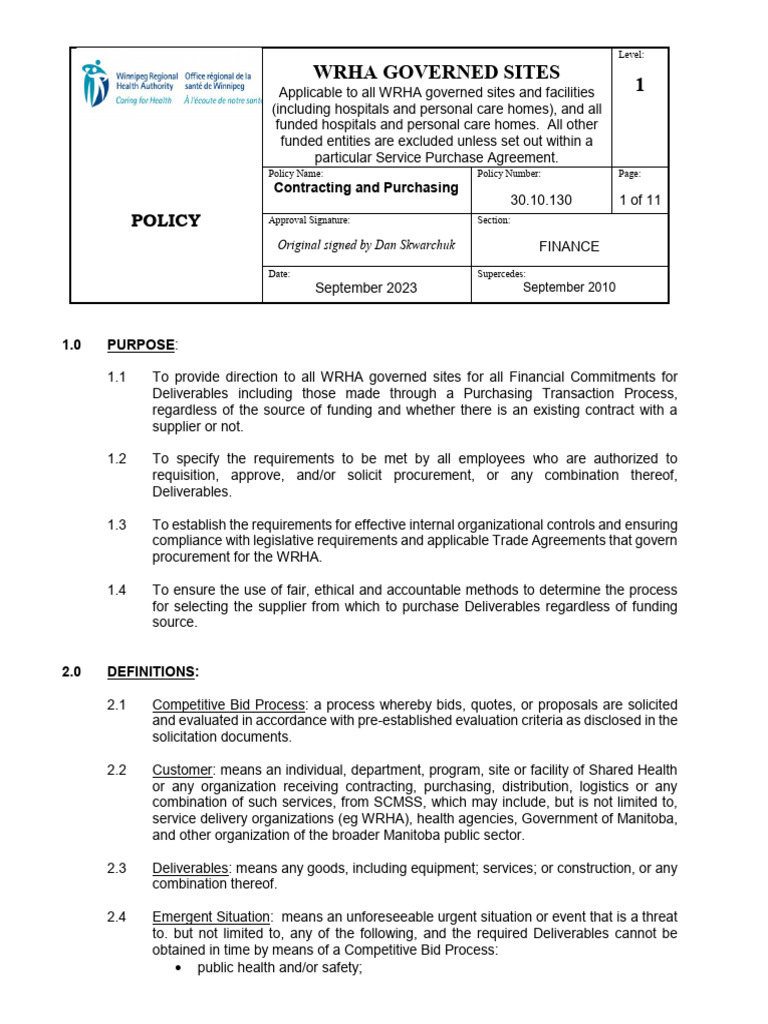 WRHA Contracting and Purchasing Policy | PDF | Procurement | Business