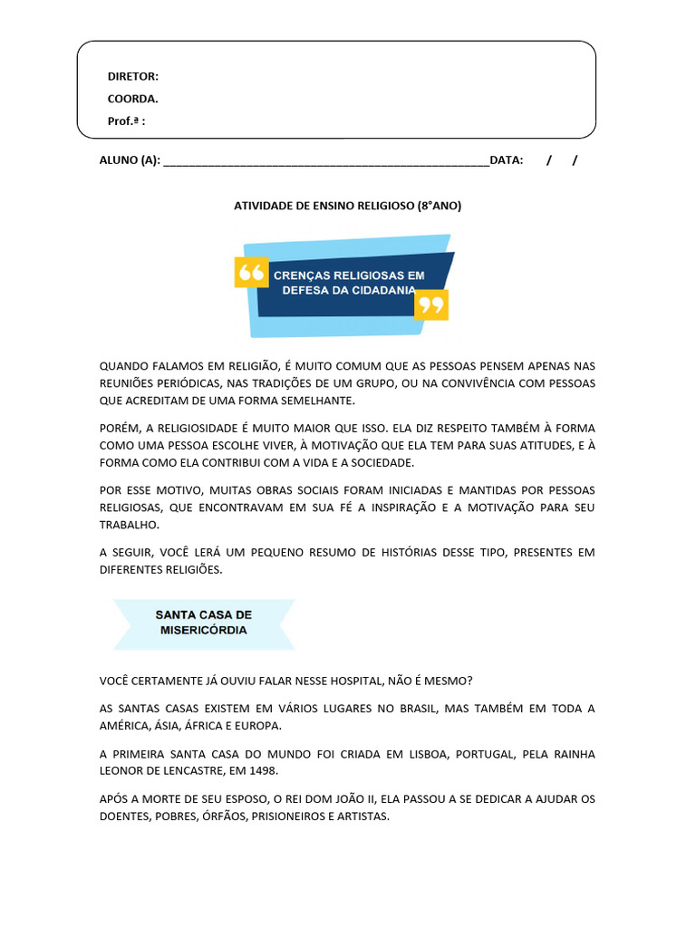 Atividade de Ensino Religioso (8°ano) | PDF