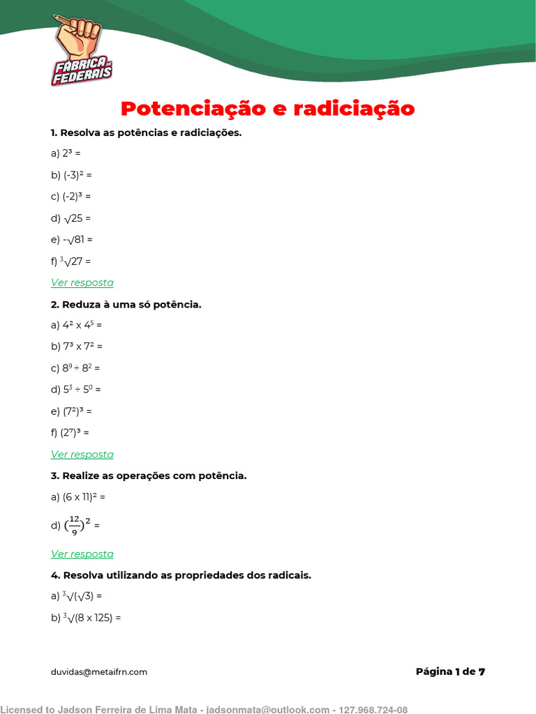(Exercícios) Potenciação e Radiciação | PDF | Números | Aritmética