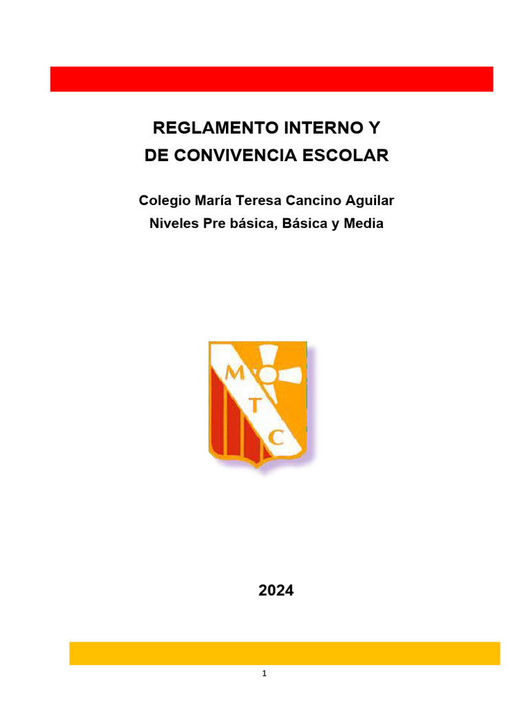 Reglamento Interno de Convivencia Escolar Mtc 2024con Indice 2 | PDF ...