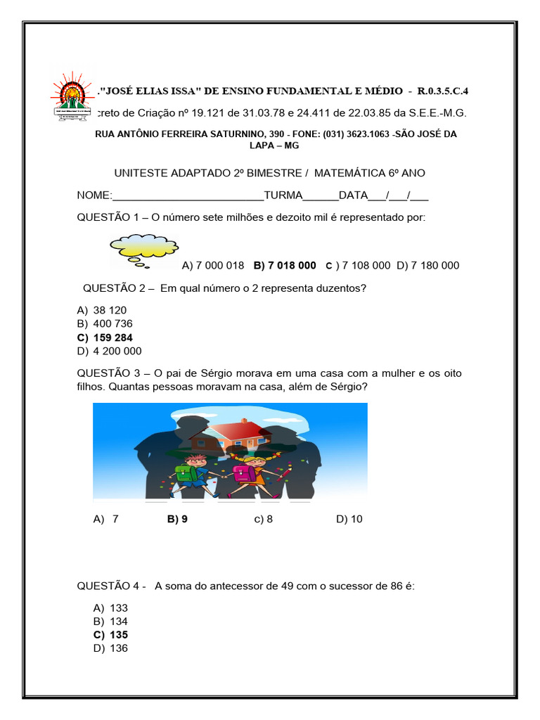 Uniteste Adaptado 2º Bimestre 2024 - Mat. | PDF | Métodos e Materiais ...