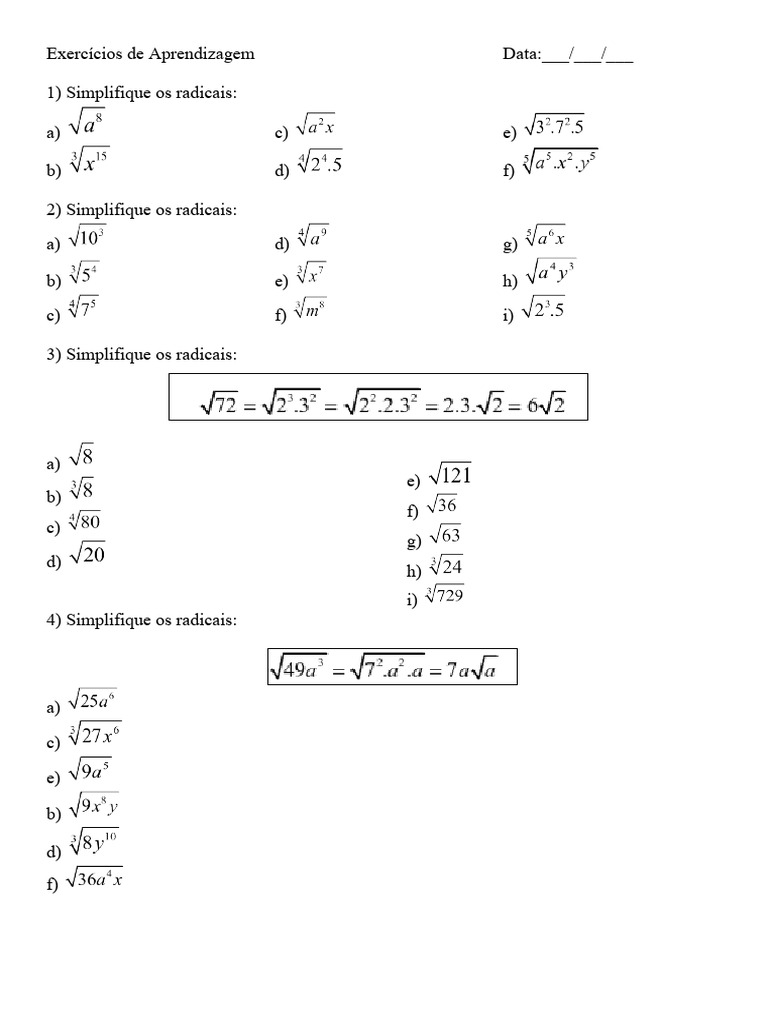 Exercícios de Simplificação de Radicais | PDF | Ciências e Matemática ...