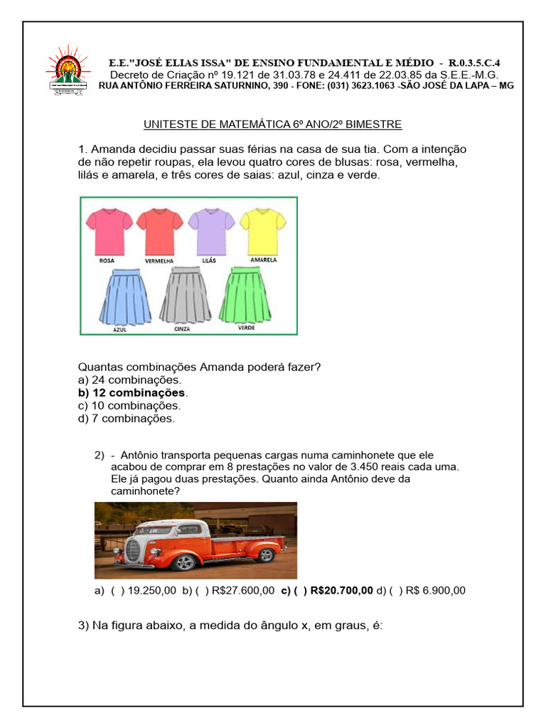 UNITESTE DE MATEMÁTICA 6º ANO - 2º bimestre - 2024 | PDF