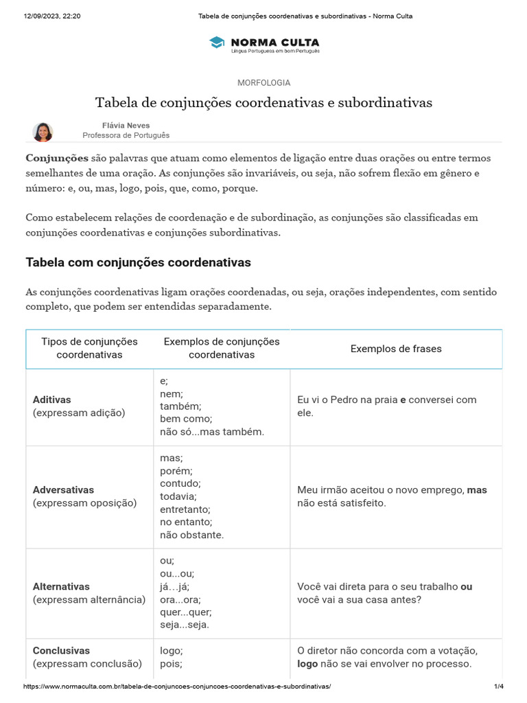Tabela de Conjunções Coordenativas e Subordinativas | PDF | Linguística ...