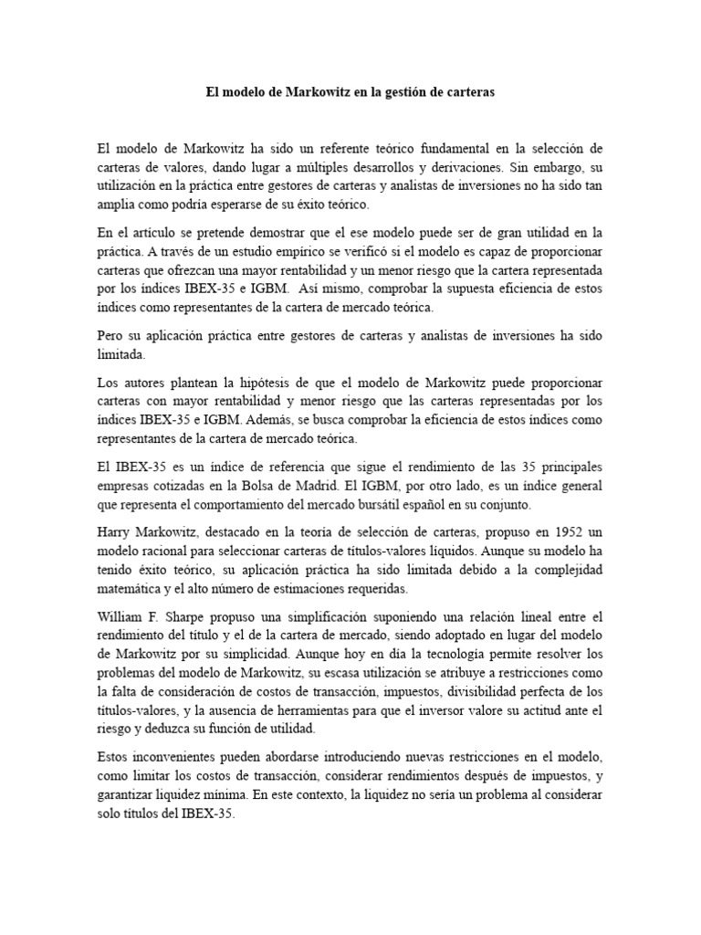 El Modelo de Markowitz en La Gestión de Carteras | PDF | Teoría ...