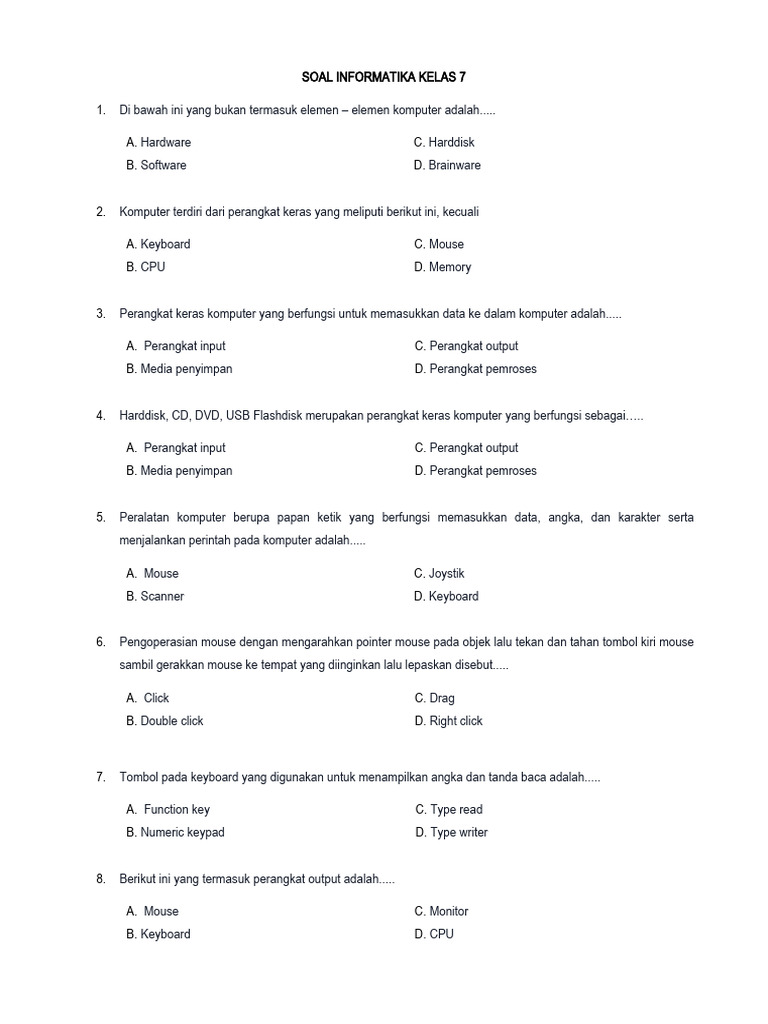 Soal Informatika Kelas 7 Sistem Komputer | PDF | Teknologi & Rekayasa