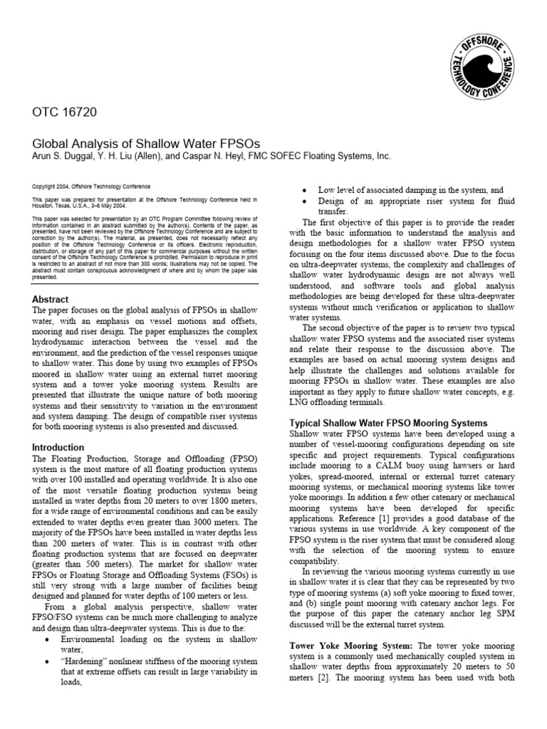 2004 OTC 16720 Global Analysis of Shallow Water FPSOs | PDF | Anchor