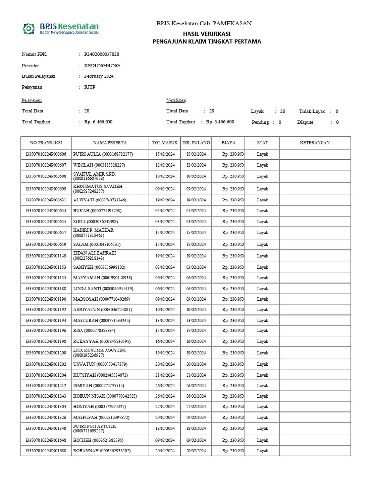 BPJS Kesehatan Claim Verification February 2024 | PDF