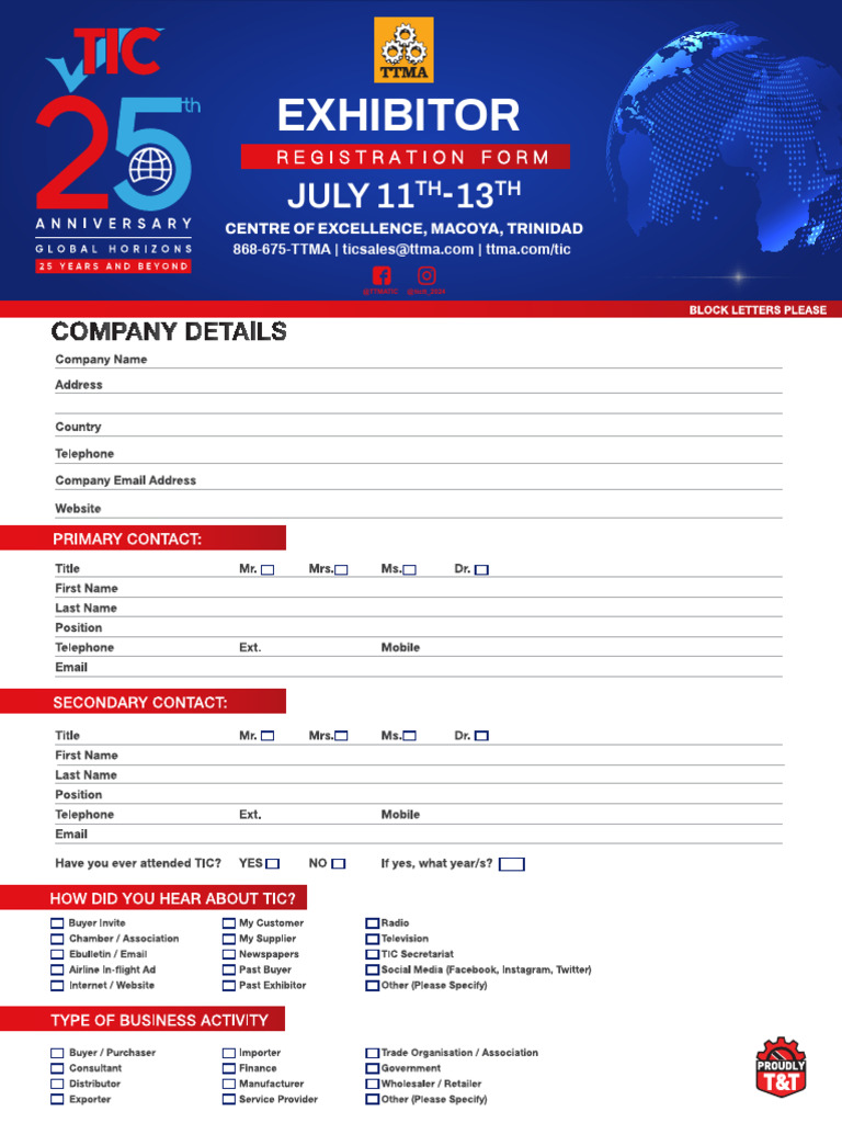 TIC 2024 Exhibitor's Registration Form | PDF
