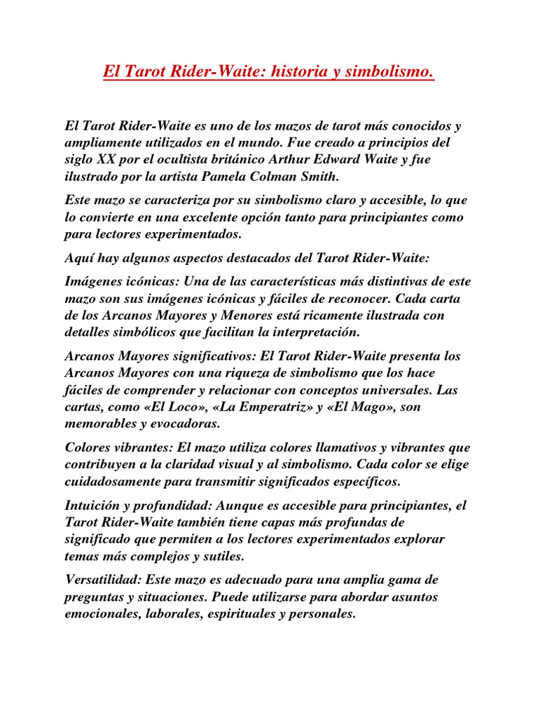 Historia y simbolismo del Tarot Rider-Waite | PDF | Tarot | Jugando a ...