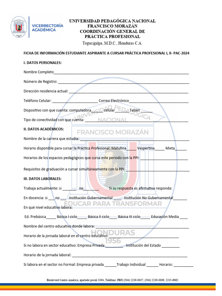 Ficha de Práctica Profesional UPNFM 2024 | PDF