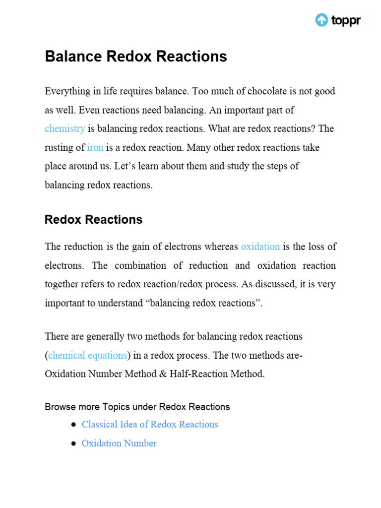 Balancing Redox Reactions Guide | PDF | Redox | Chemical Reactions
