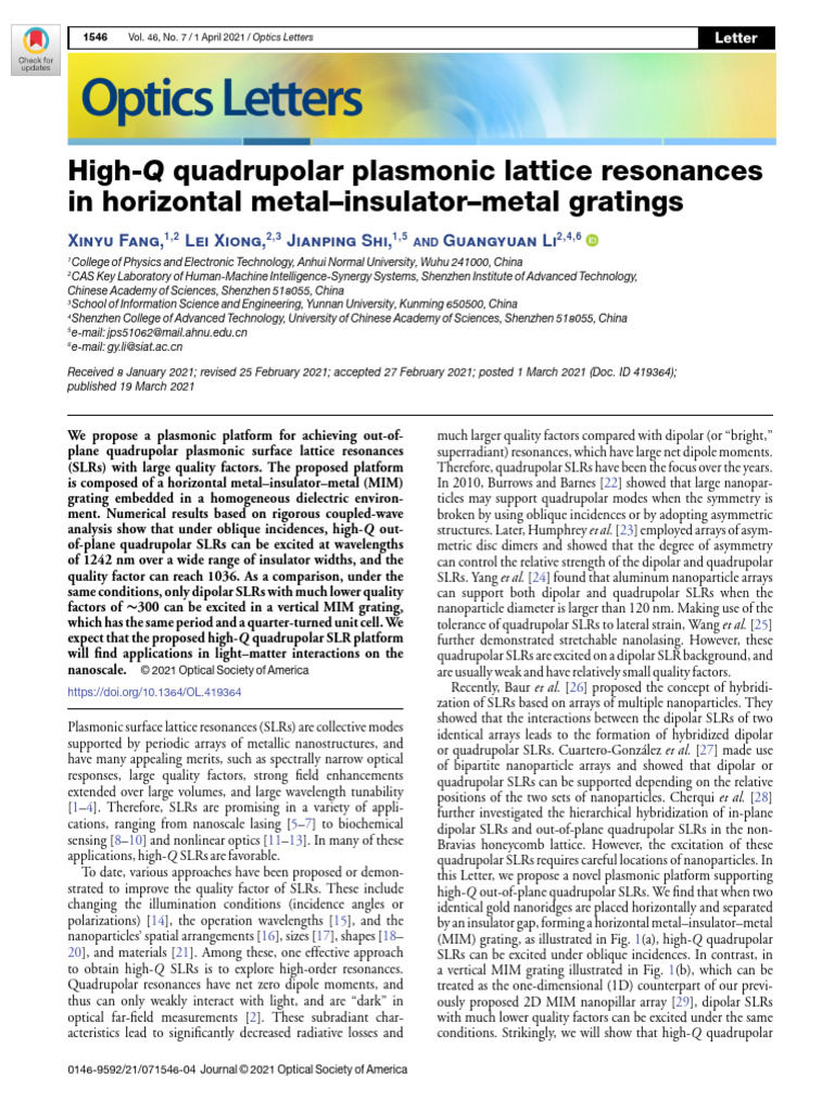 High-Q Quadrupolar Plasmonic Resonances | PDF | Nanoparticle | Plasmon
