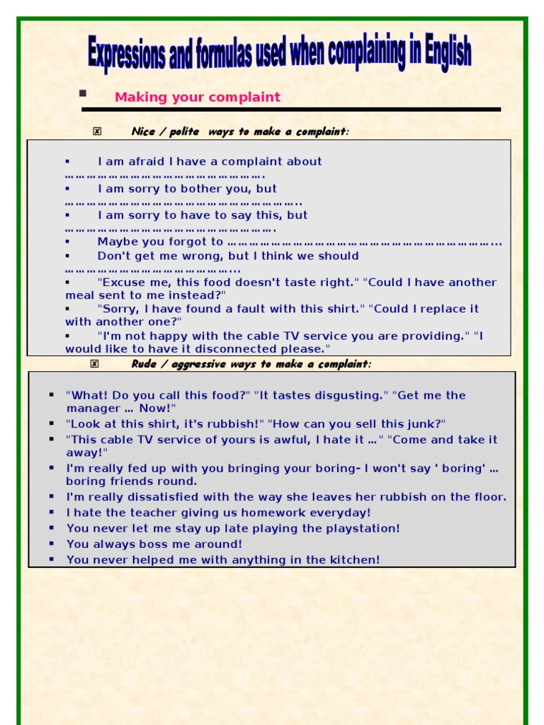 Expressions and Formulas Used When Complaining in English PDF