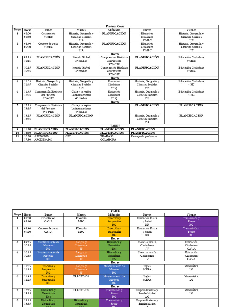 Horario de Clases del Profesor César | PDF | Educación en artes ...