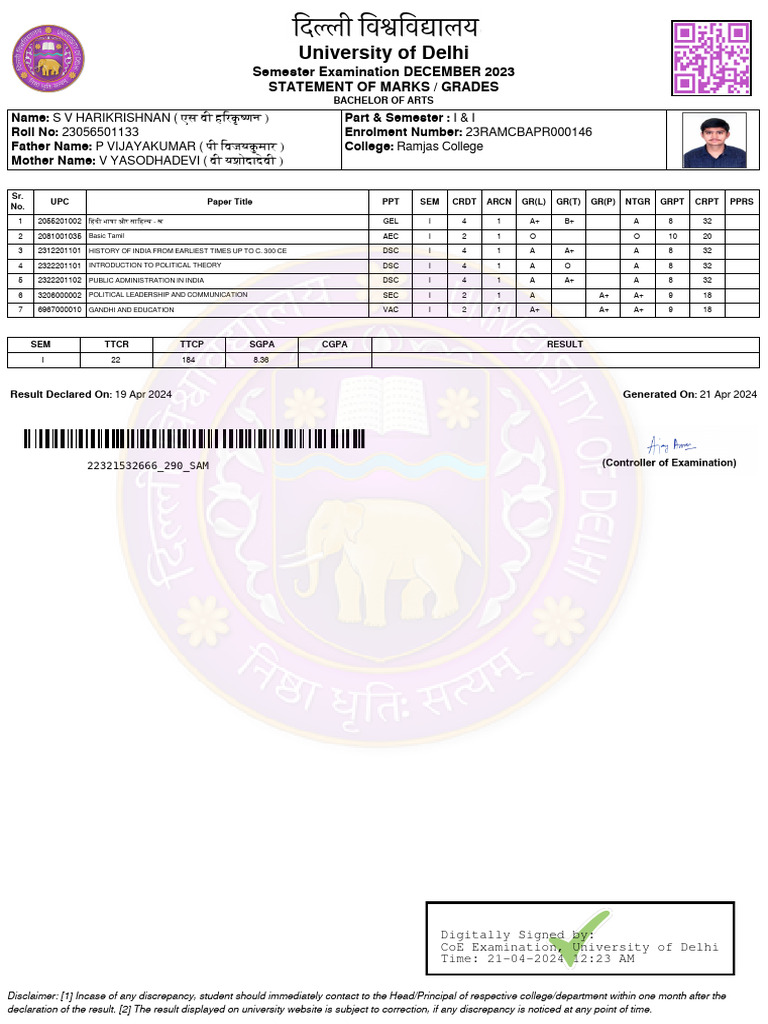 University of Delhi: Semester Examination DECEMBER 2023 Statement of ...
