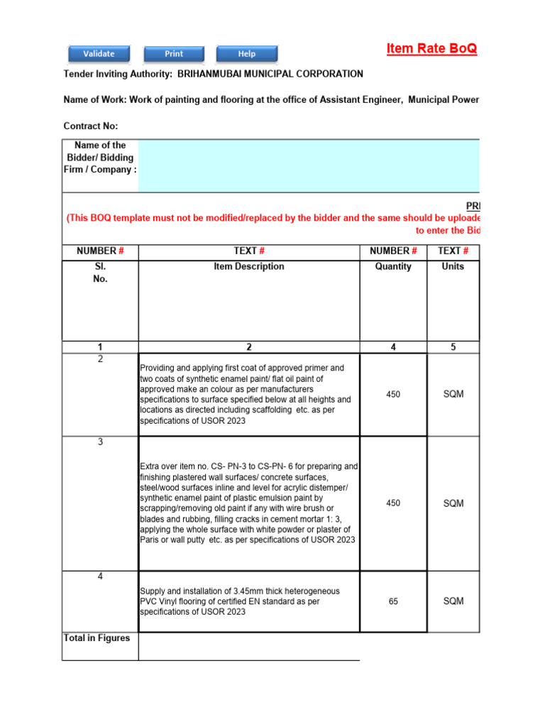 Item Rate Boq: Validate Print Help | PDF