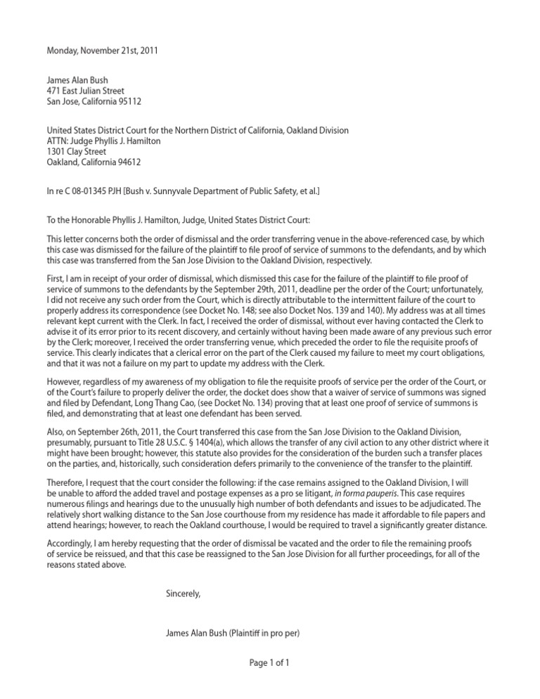 Letter to Judge Phyllis J. Hamilton in re Erroneous Dismissal of