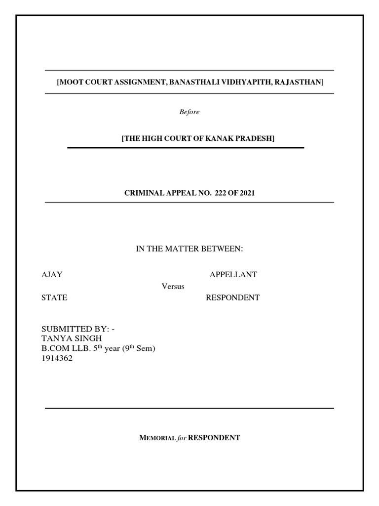Moot Court Memorial: Criminal Appeal 222 | PDF | Burden Of Proof (Law ...