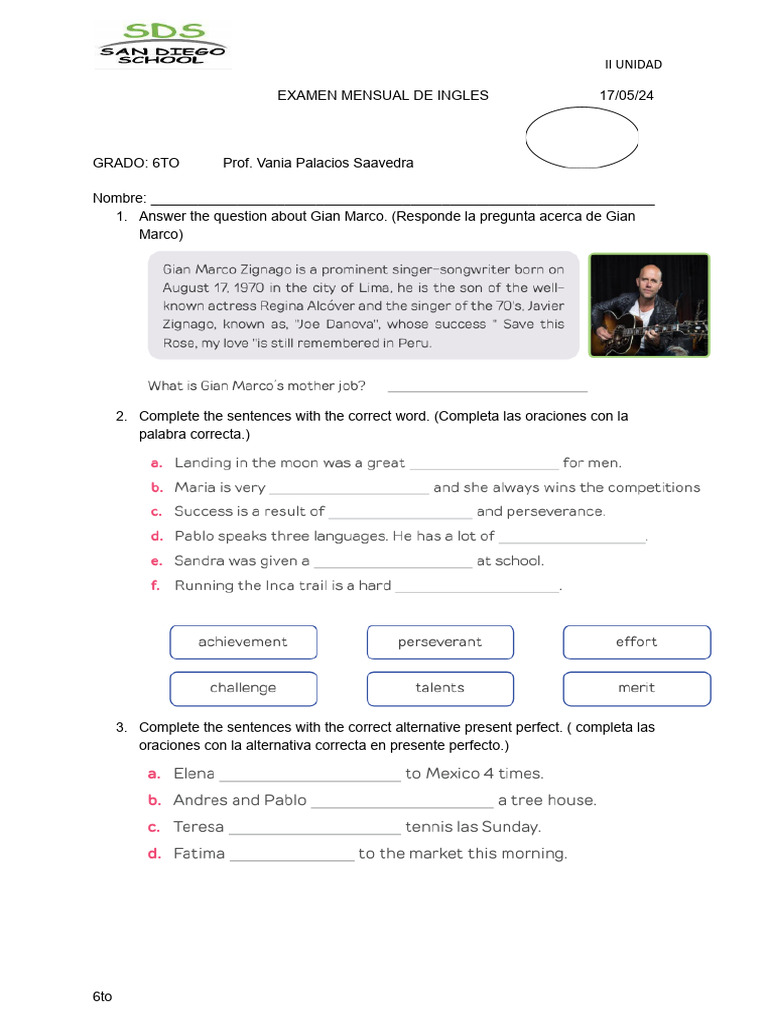Examen Mensual de Inglés 6to Primaria | PDF | Artes del Lenguaje y ...