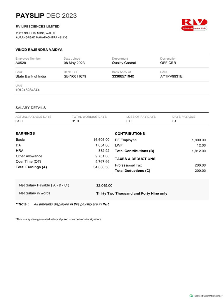 RV Pay Slip DEC | PDF
